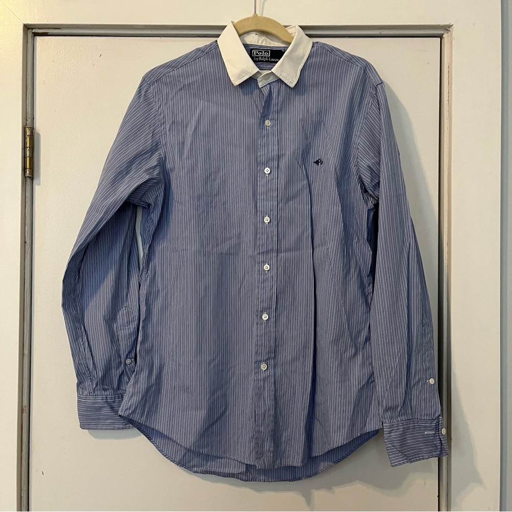 Y2K Polo by Ralph Lauren Blue Striped Button-Down Shirt white collar vintage men